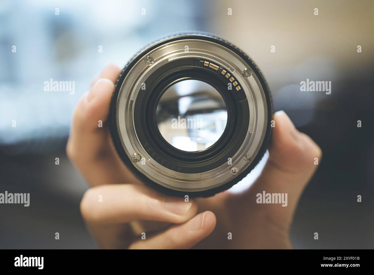 Il fotografo ha in mano un'ottica fotografica professionale. Notebook con sfondo sfocato Foto Stock