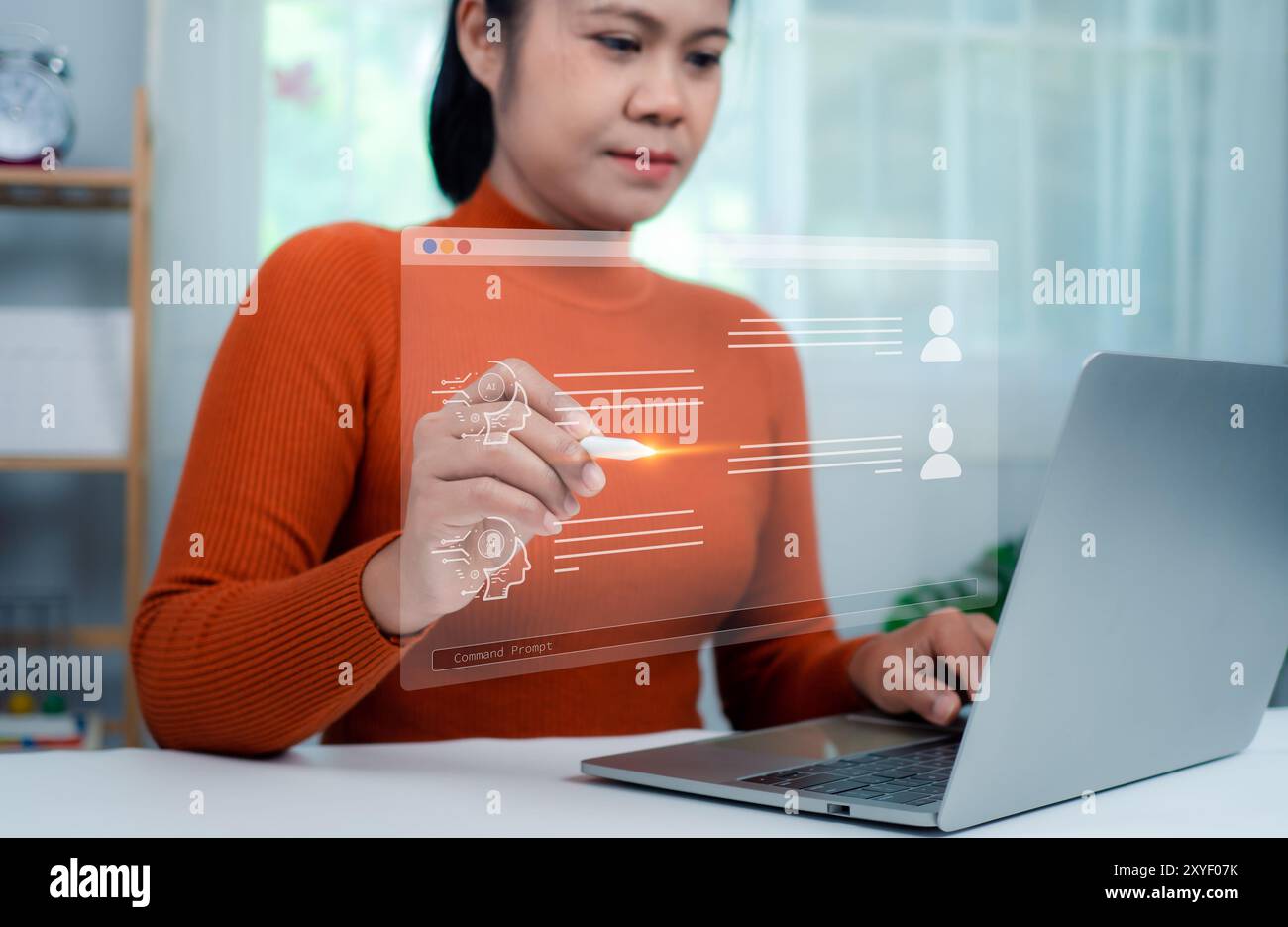 Donna con mano una penna stilo che tocca uno schermo virtuale che mostra domande e risposte con intelligenza artificiale, apprendimento automatico, tecnologia ai Foto Stock