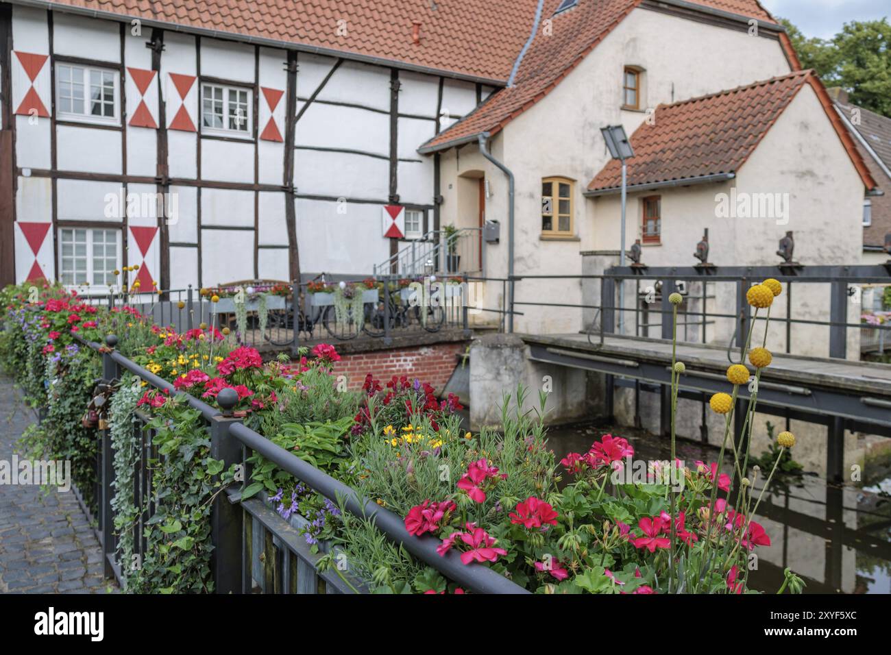 Una casa per metà in legno con un tetto piastrellato rosso, aiuole di fiori riccamente piantate e un piccolo ruscello con un ponte in primo piano, Gemen, Muensterland, Germa Foto Stock Una casa per metà in legno con un tetto piastrellato rosso, aiuole di fiori riccamente piantate e un piccolo ruscello con un ponte in primo piano, Gemen, Muensterland, Germa Foto Stock
