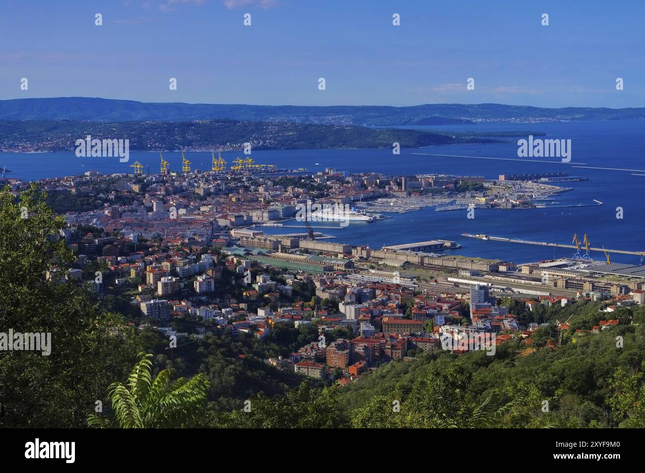 La città italiana di Trieste dall'alto, la città italica di Trieste veduta aerea Foto Stock