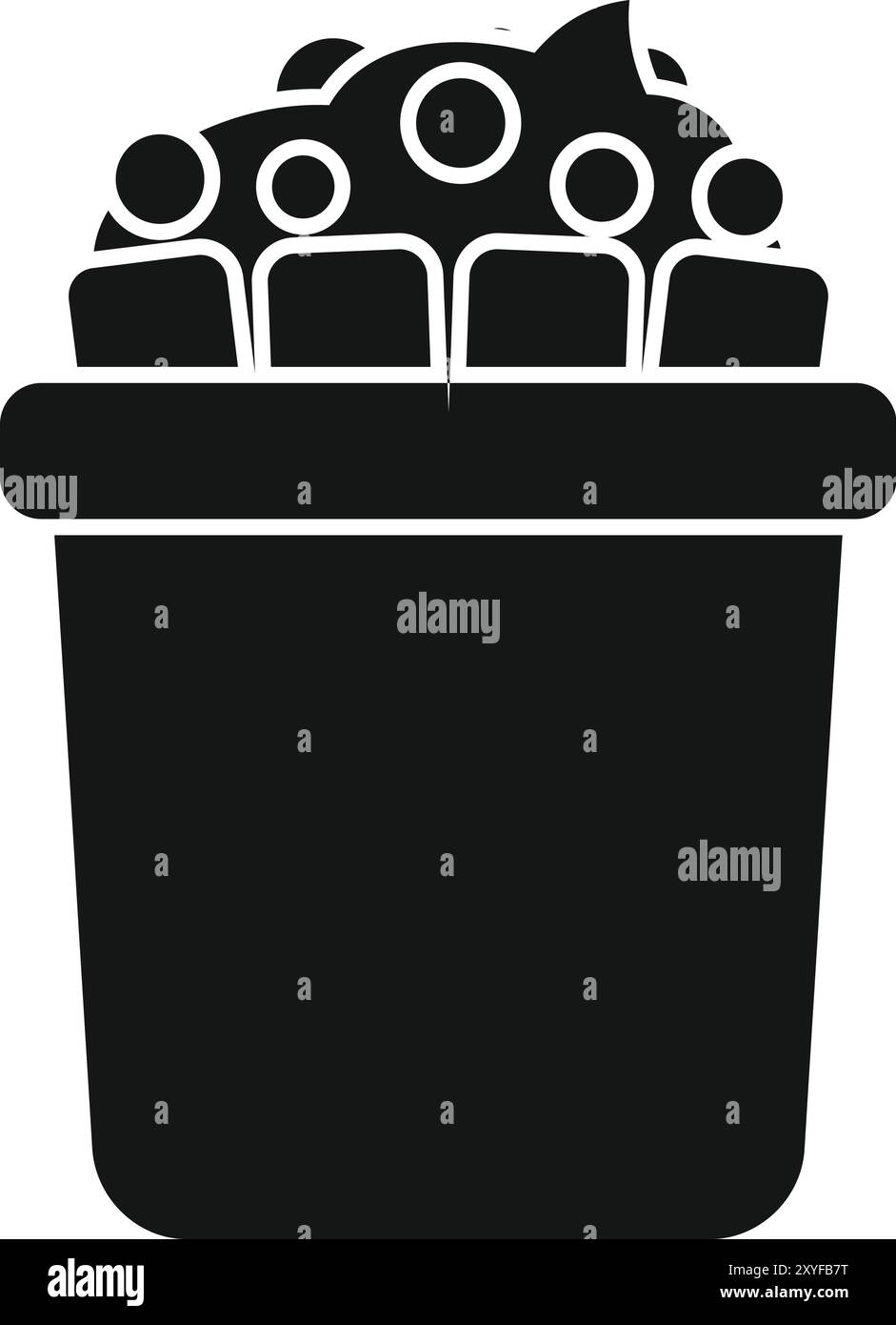 Silhouette nera di un gruppo di persone gettate via in un bidone della spazzatura, simboleggiando un concetto di disprezzo e mancanza di rispetto Illustrazione Vettoriale