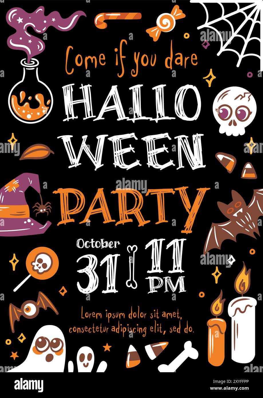 Invito a una spaventosa festa di Halloween. illustrazioni vettoriali nello stile di schizzo. Pozione, teschio, mano zombie, cappello da strega, fantasmi altri personaggi inquietanti. io Illustrazione Vettoriale