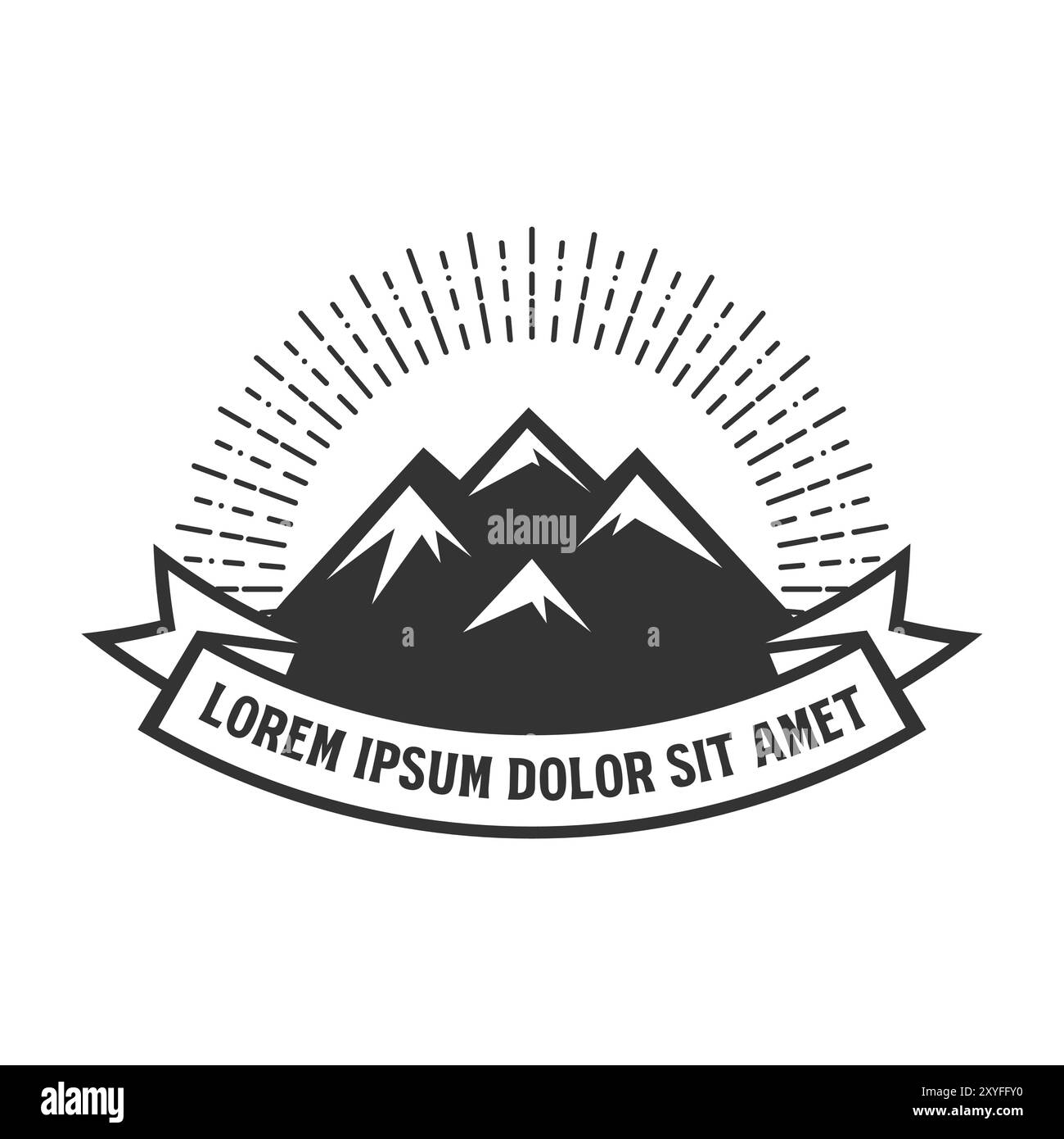 Vintage Rocky o Iceberg Ice Mountain Hill con alba e nastro per avventura all'aperto Badge Design Vector Illustrazione Vettoriale
