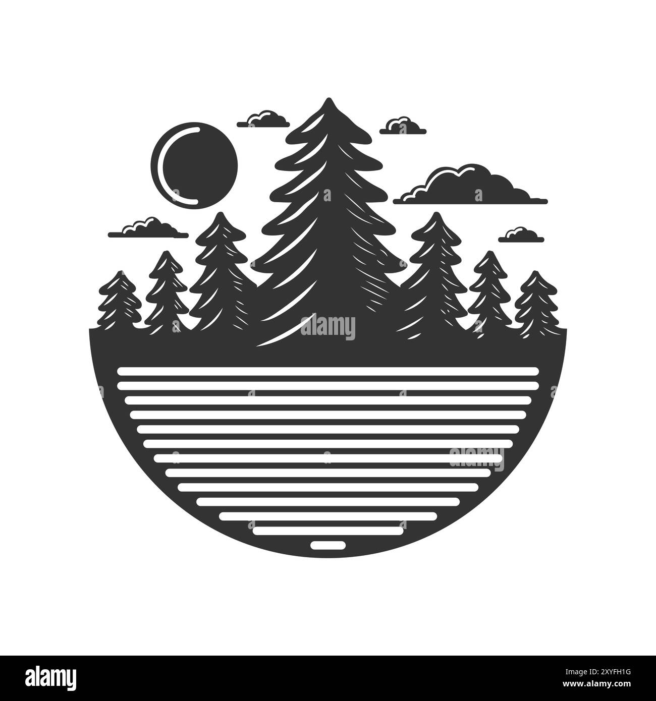 Vintage Evergreen Pines Fir Conifer Hemlock Tree Forest e Creek River per Camp Adventure Illustration Design Vector Illustrazione Vettoriale