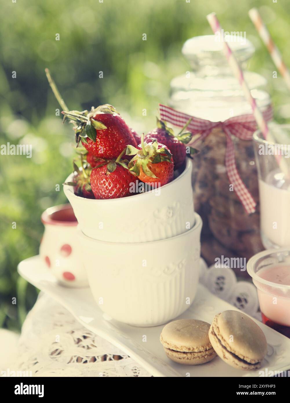 La molla picnic con Fragola, biscotti, latte di fragola, gelatina e amaretti Foto Stock