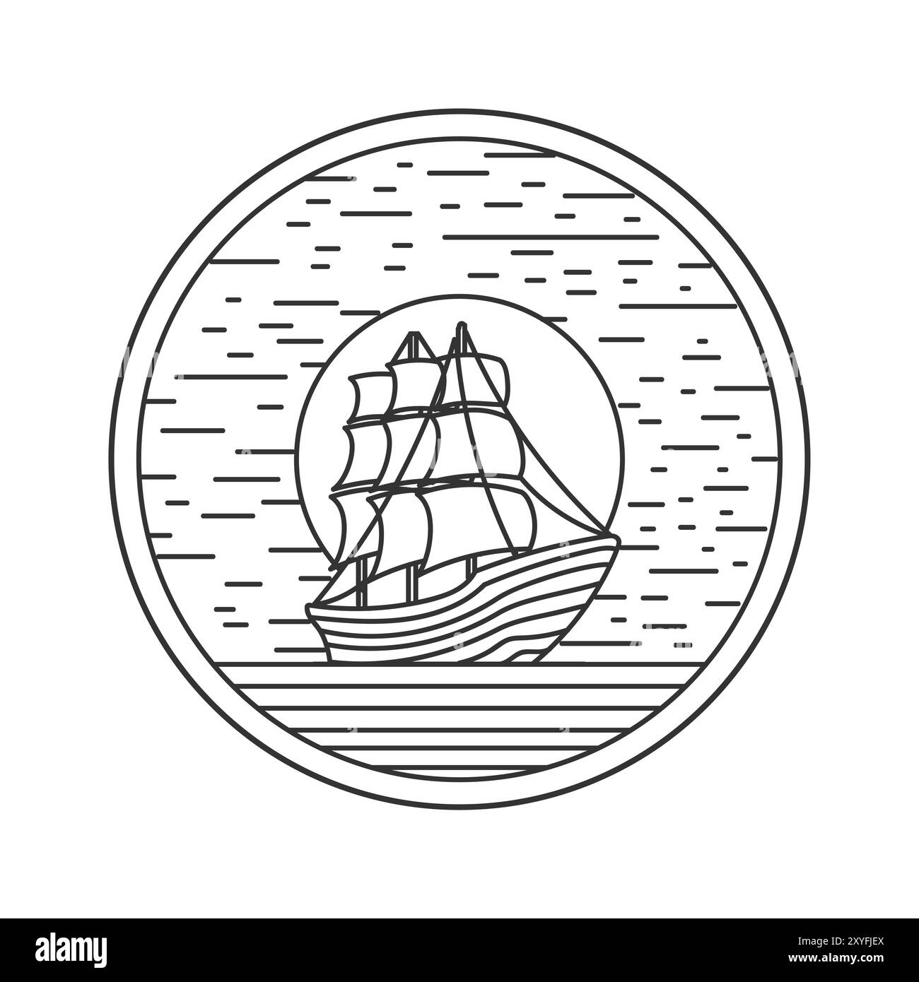 Vintage retro Circular Sun Ocean Wave con Dhow Ship o barca a vela per l'illustrazione nautica Illustrazione Vettoriale