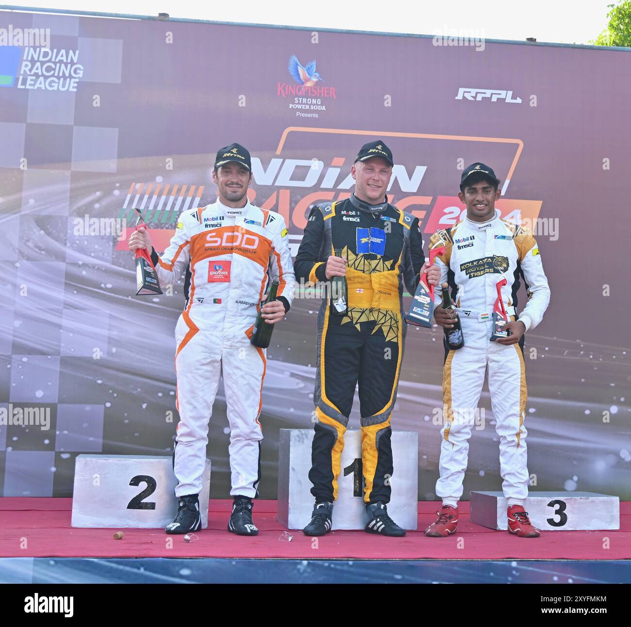 Chennai, INDIA. 24 agosto 2024. Jon Lancaster di Chennai Turbo Riders festeggia la sua vittoria in gara 1 del primo round dell'Indian Racing League a Chennai, Foto Stock
