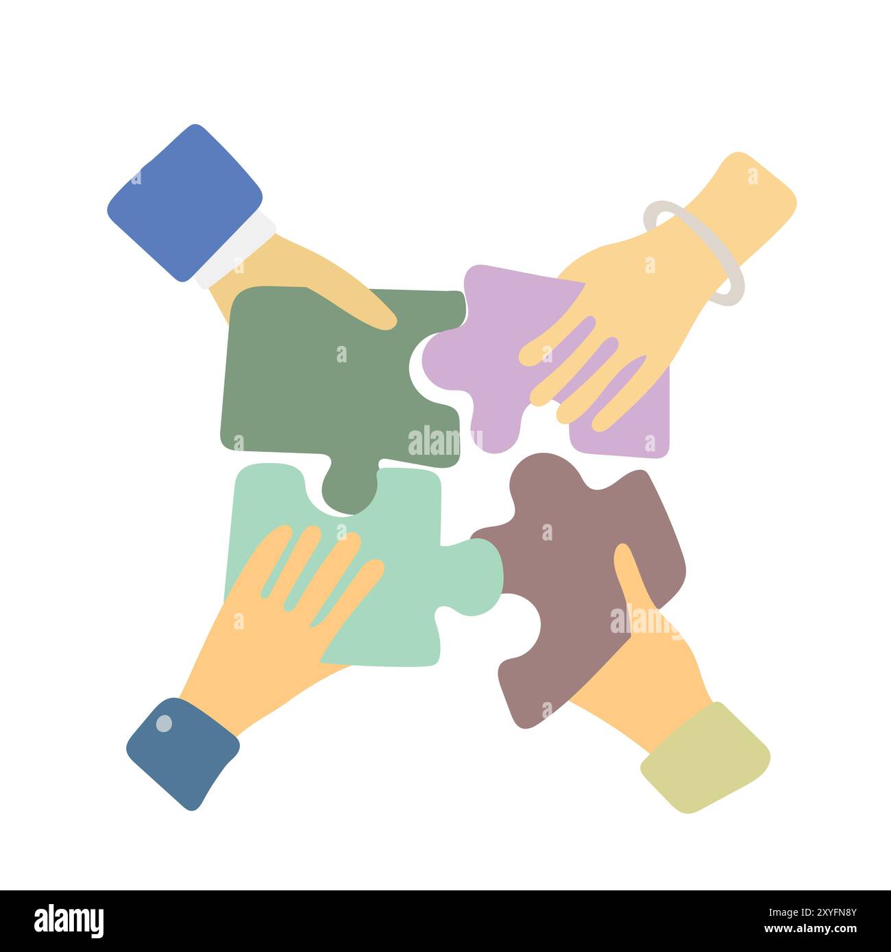 quattro mani che tengono in mano i puzzle vettore di illustrazione isolato su sfondo bianco Illustrazione Vettoriale