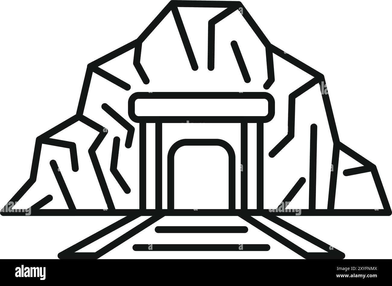 Semplice icona vettoriale di un ingresso di un tunnel minerario sotto una montagna rocciosa, in uno stile artistico in linea bianco e nero Illustrazione Vettoriale