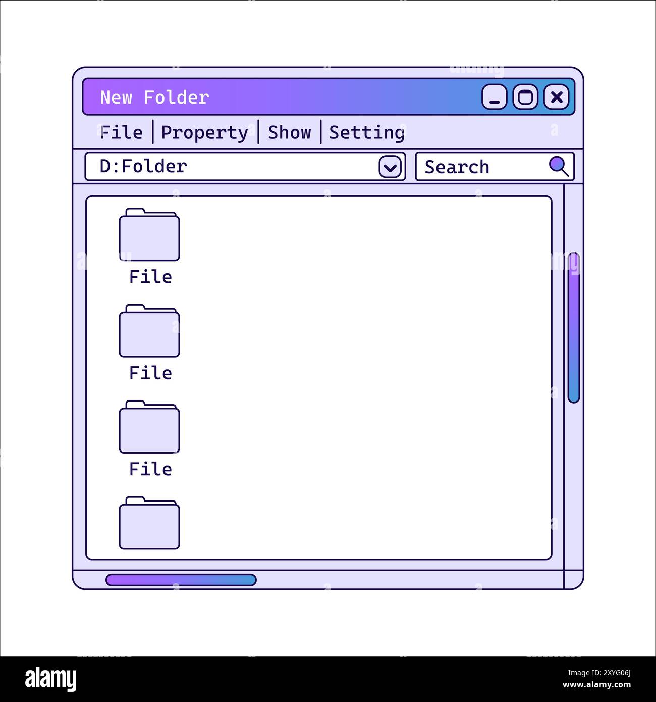 Vecchio file explorer in stile retrò con sfumature e cartelle. Illustrazione Vettoriale