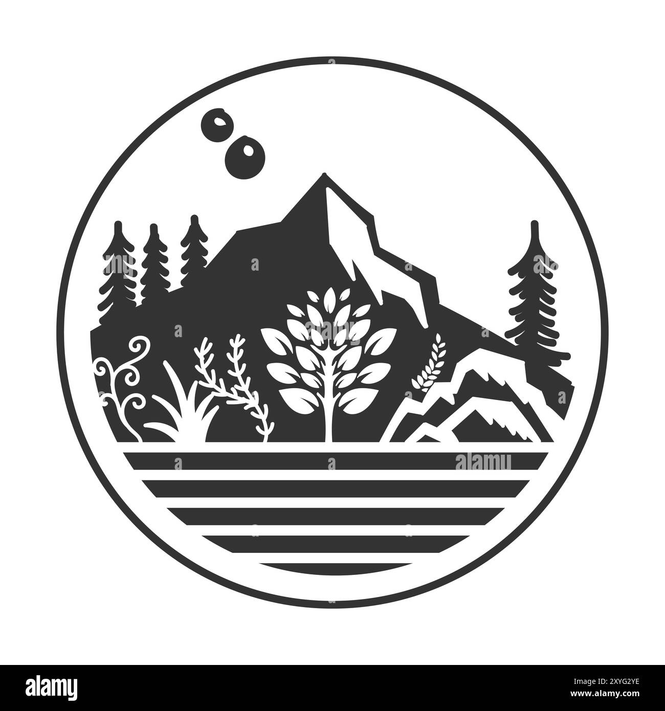 Circular Mountain Forest Trees e River Lake con Garden Badge Illustration Illustrazione Vettoriale