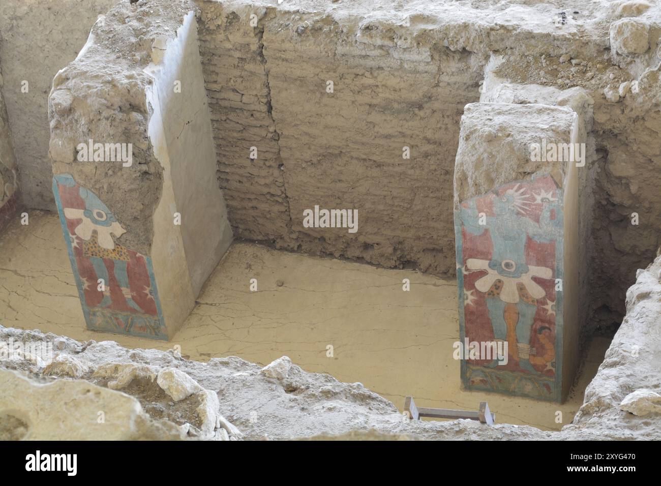 Muraglia di pitture originali nel sito archeologico e museo del sito di Cacaxtla. Settembre 1975. Foto Stock