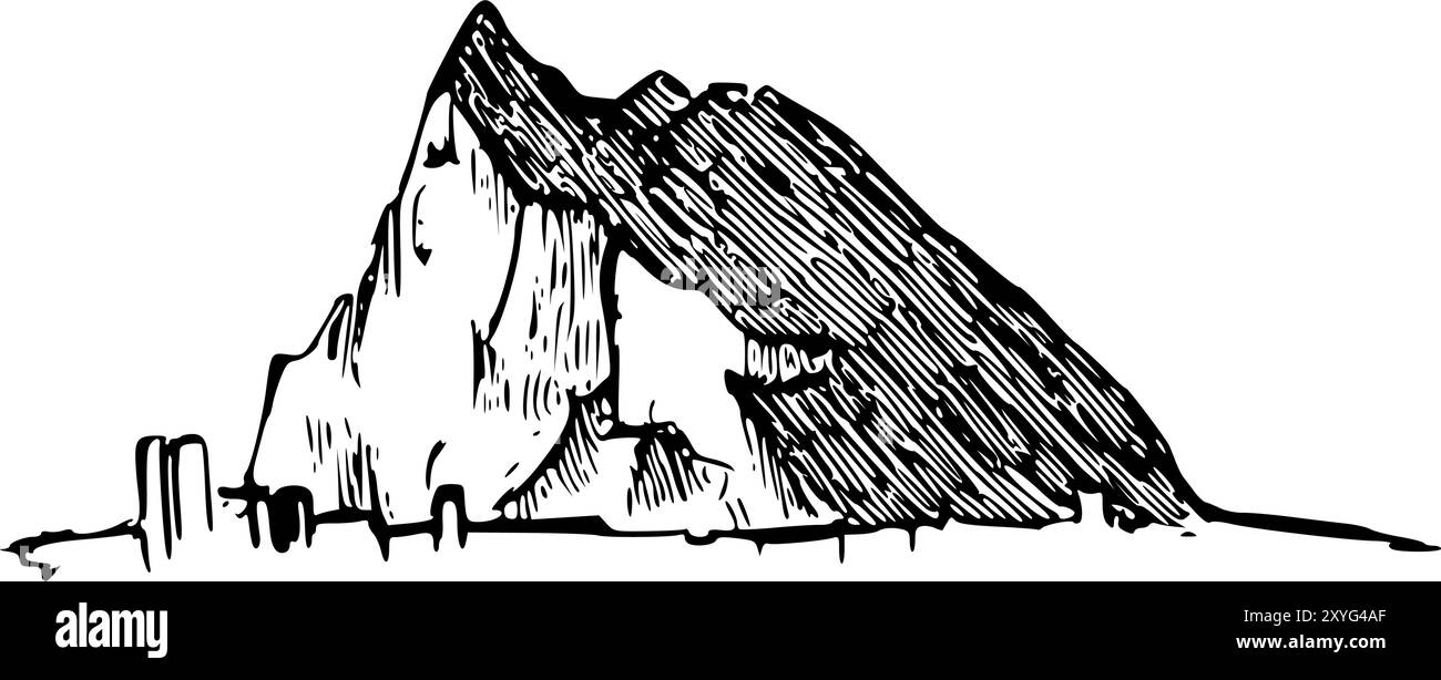 Illustrazione a penna disegnata a mano dell'iconica Rocca di Gibilterra, meticolosamente convertita in formato vettoriale. Perfetto per loghi, editoriali e stampe. Illustrazione Vettoriale