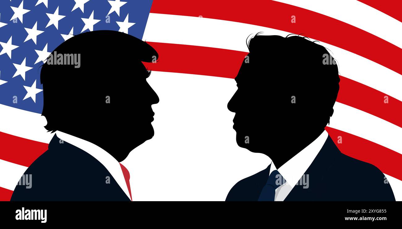 Ritratti di sagome di Donald Trump ed Elon Musk sullo sfondo della bandiera americana. Foto Stock