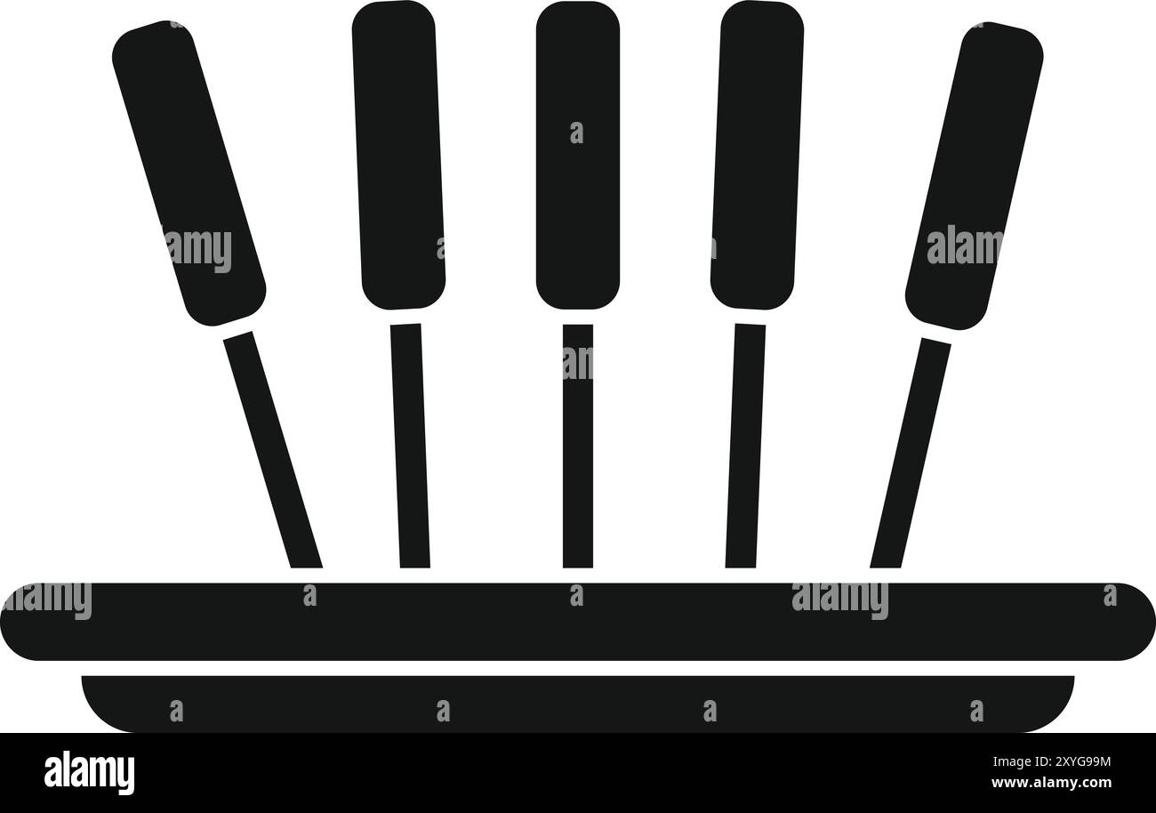 Silhouette bianca e nera di cinque cani di mais in piedi in verticale in un vassoio rettangolare, che rappresenta uno spuntino classico o un cibo equo Illustrazione Vettoriale