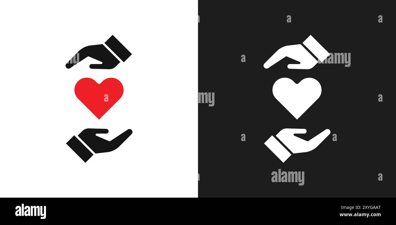 Bordo vettoriale del logo dell'icona del cuore con la mano in bianco e nero Illustrazione Vettoriale