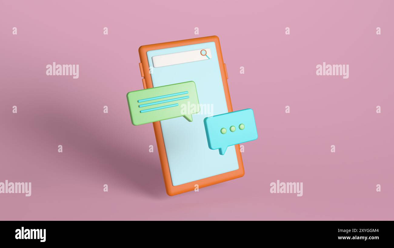 Illustrazione 3D di uno smartphone con bolle colorate e una barra di ricerca su sfondo rosa. Perfetto per comunicazioni, messaggi e. Foto Stock