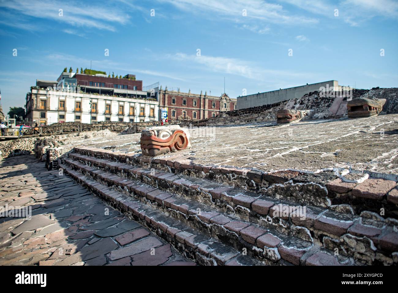 CITTÀ DEL MESSICO, Messico - le rovine scavate del Templo Mayor, il tempio principale della capitale azteca Tenochtitlan, rivelano le sue fasi di costruzione stratificate. Questo sito archeologico nel cuore di città del Messico mostra sculture in pietra, offerte cerimoniali ed elementi architettonici che forniscono approfondimenti sulle pratiche religiose azteche e sulla complessa storia della città dai tempi pre-ispanici fino all'era coloniale. Foto Stock