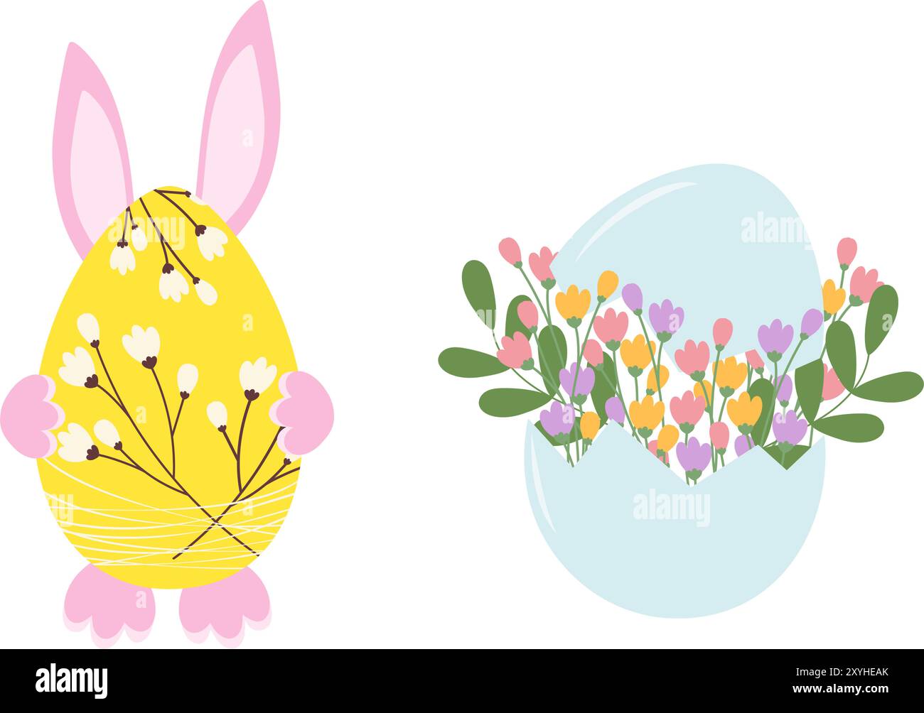 Coniglietto pasquale dietro un uovo decorativo e un bouquet floreale in guscio di uova incrinato con 2 idee di design isolate. Cartoline, poster, banner, brochure, cartellino prezzi, illustrazione di etichette, adesivi, promozioni o vettoriali Illustrazione Vettoriale
