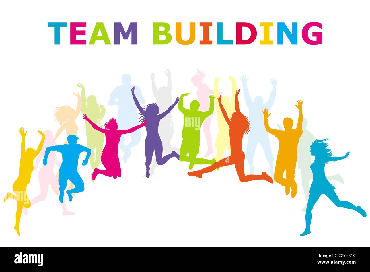 Creazione di team concept colorato con un felice salto del lavoro di squadra Illustrazione Vettoriale Creazione di team concept colorato con un felice salto del lavoro di squadra Illustrazione Vettoriale