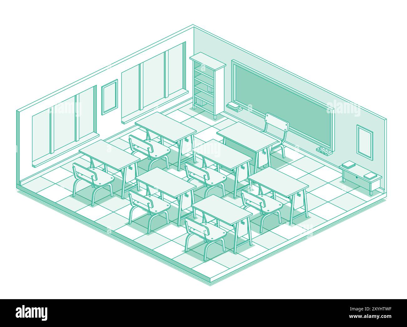 Classe scolastica isometrica vuota. Stile contorno con linee verdi. Illustrazione vettoriale. Camera con tavoli da scrivania e sedie. Area di lavoro con finestre. Illustrazione Vettoriale