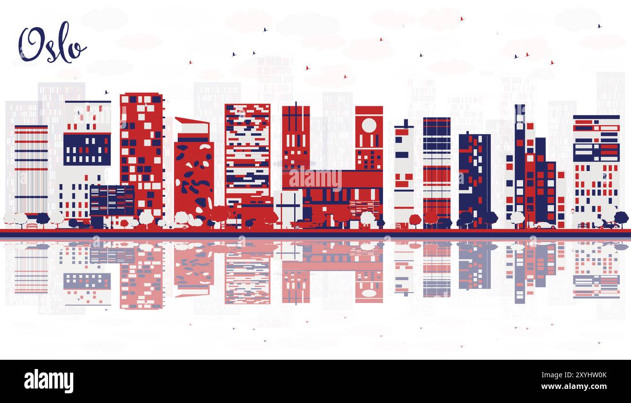 Astratto skyline della città norvegese di Oslo con edifici colorati e riflessi. Illustrazione vettoriale. Paesaggio urbano con punti di riferimento. Illustrazione Vettoriale