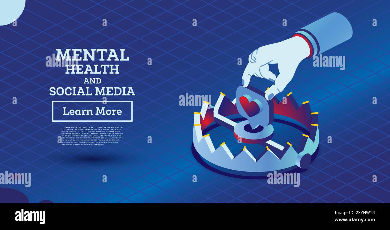 Trappola isometrica con cuore dei social media. Come Symbol. Illustrazione vettoriale. Concetto di salute mentale e Social Media. Hand tenta di prendere il segno preferito. Illustrazione Vettoriale
