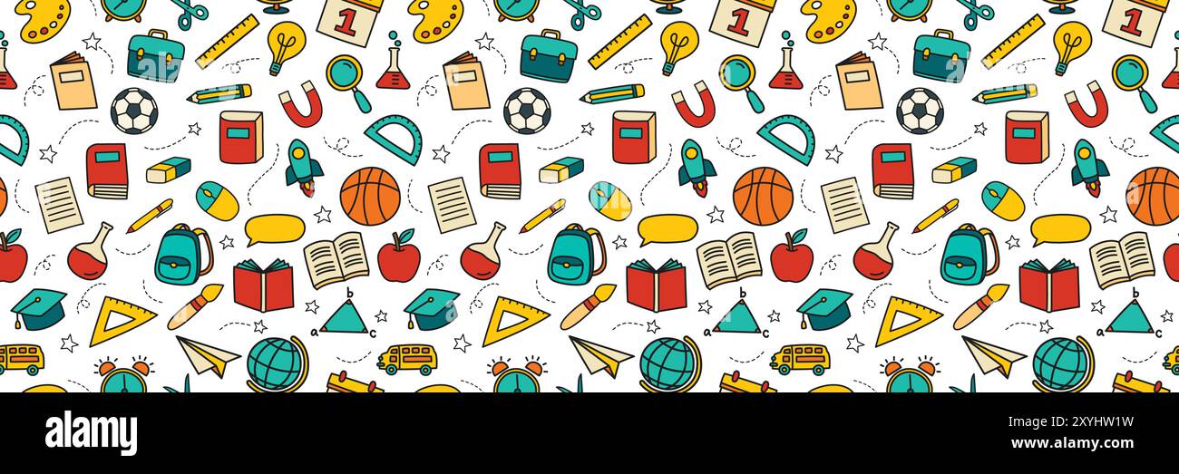 Sfondo a doodle con motivo perfetto per il ritorno a scuola. Icona oggetti disegnati a mano e simboli Education. Illustrazione Vettoriale
