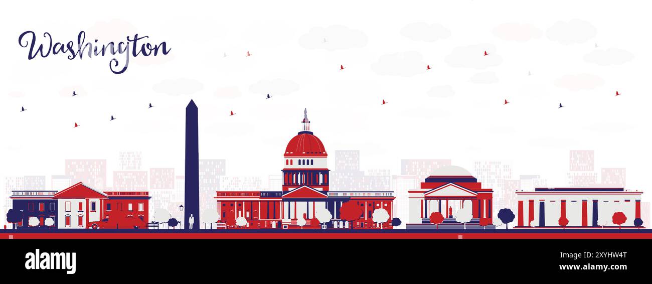 Skyline della città di Washington DC con edifici colorati. Illustrazione vettoriale. Paesaggio urbano con punti di riferimento. Illustrazione Vettoriale