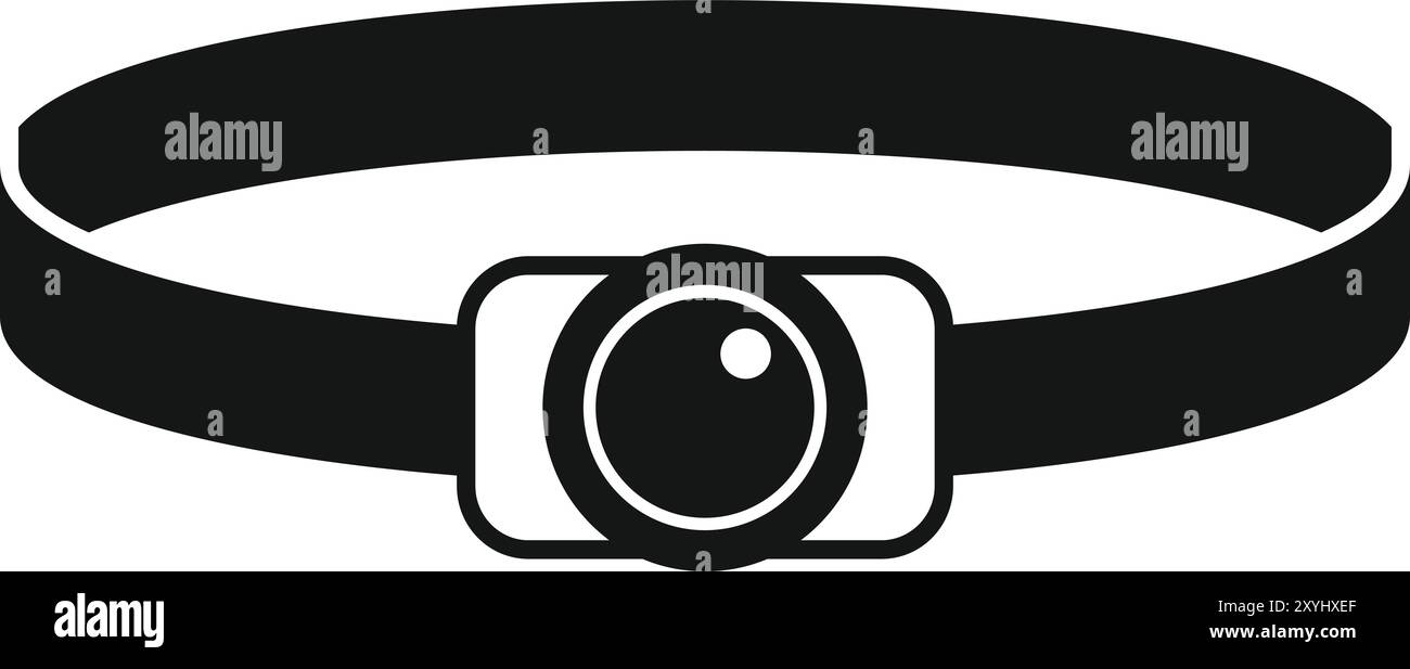 Icona nera di una torcia da testa con fascia elastica che illumina i luoghi bui per gli speleologi Illustrazione Vettoriale