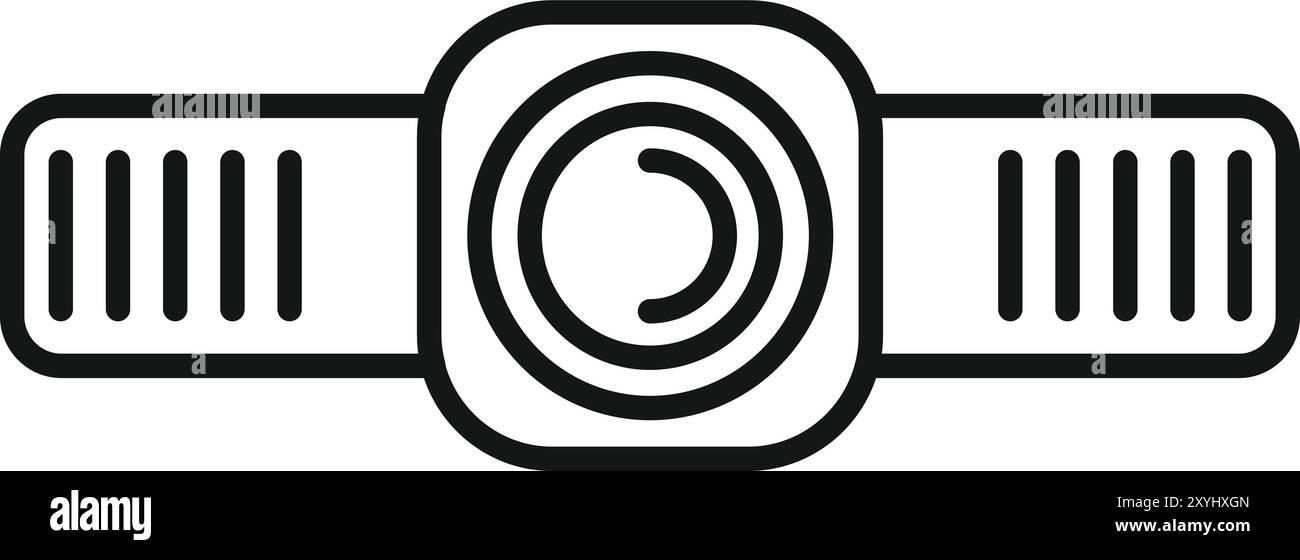Semplice icona a riga di una action camera che mostra l'obiettivo e la cinghia Illustrazione Vettoriale