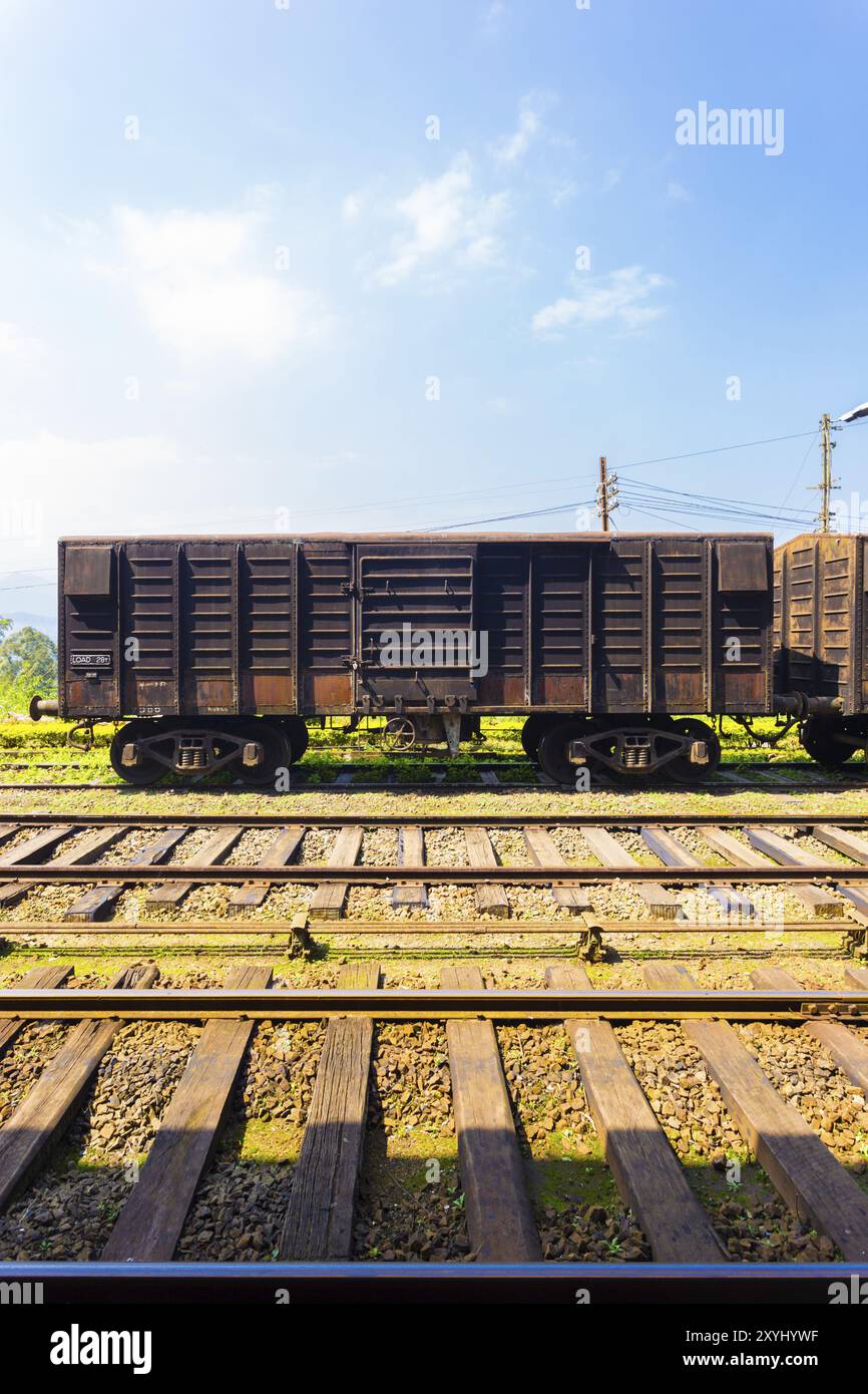 Vista laterale di una vecchia carrozza cargo arrugginita e stazionaria parcheggiata sui binari del treno, parte delle Ferrovie dello Sri Lanka, in una giornata di cielo blu. Verticale Foto Stock