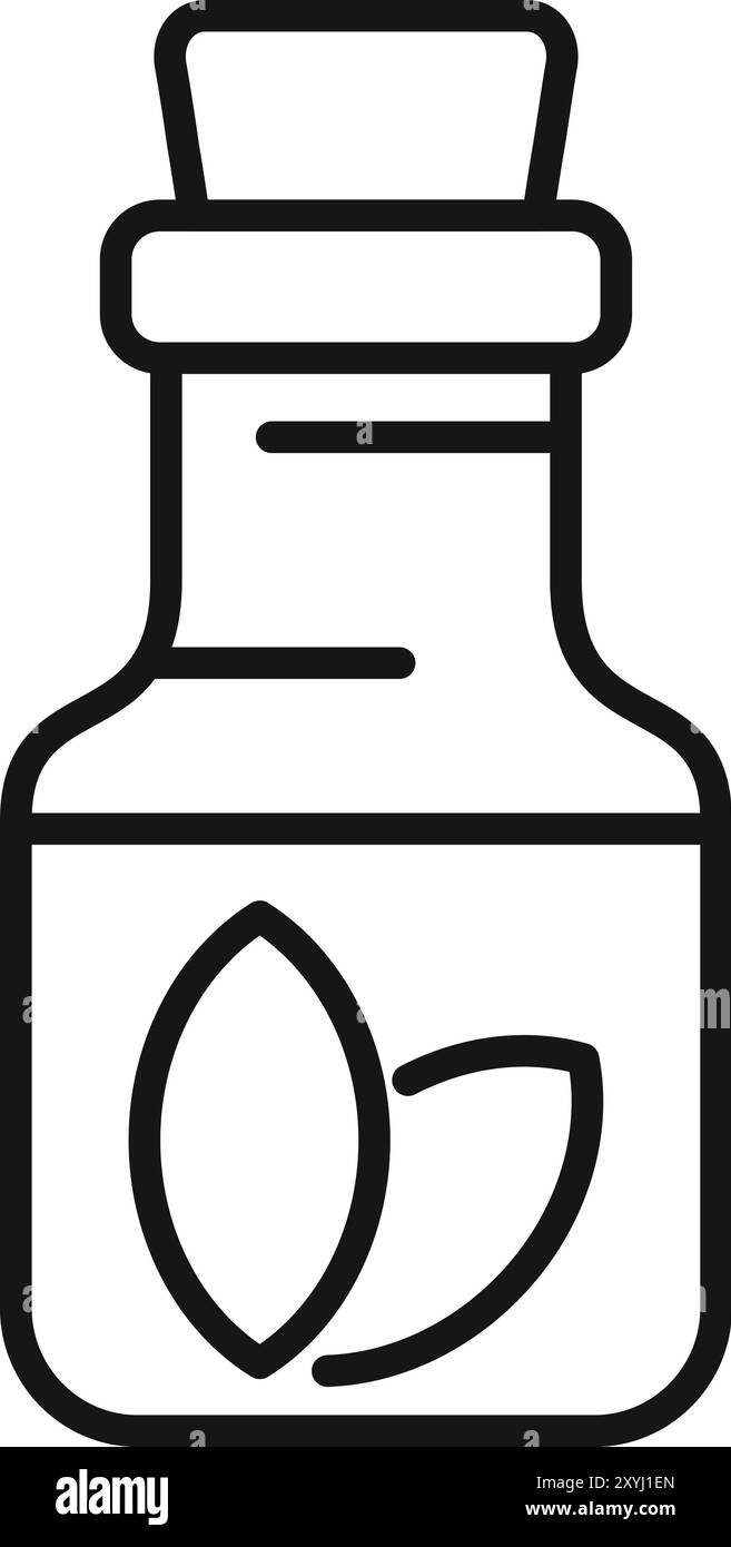 Icona lineare di una bottiglia in sughero contenente olio essenziale con foglie Illustrazione Vettoriale