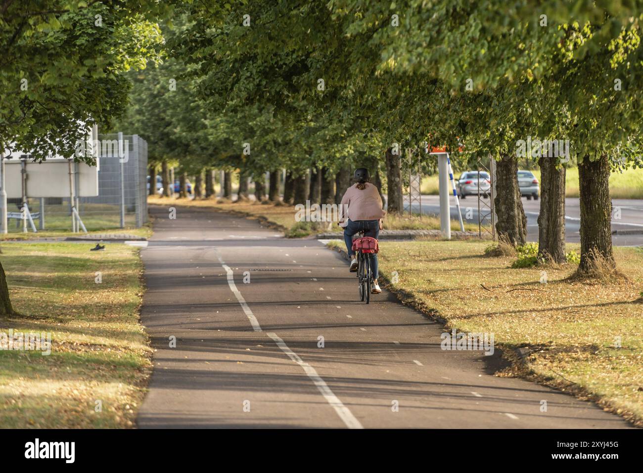 Un solitario ciclista che corre lungo una pista ciclabile in bassa luce del tramonto Foto Stock