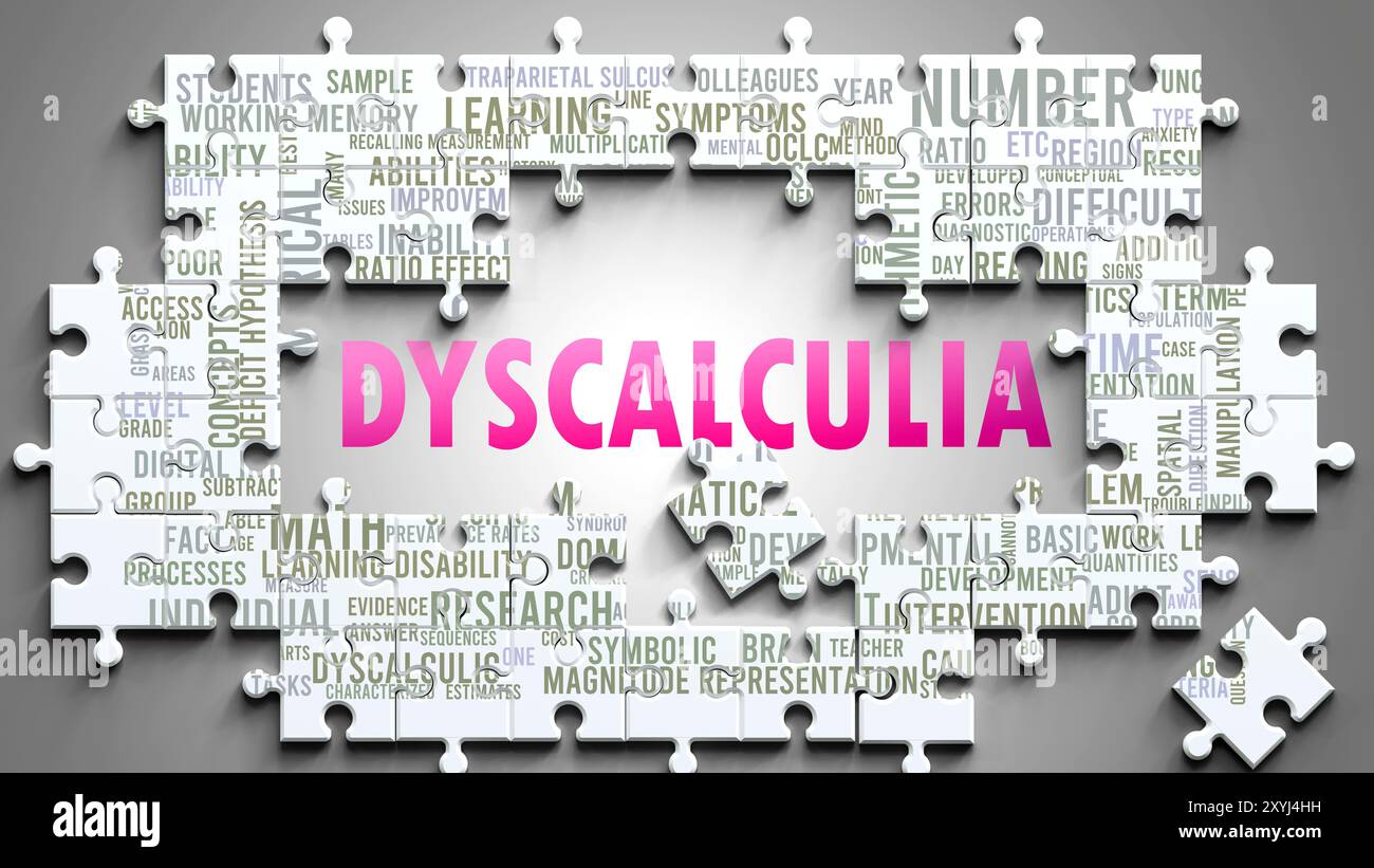 La discalculia è un argomento complesso, correlato ad altri argomenti importanti. Foto Stock