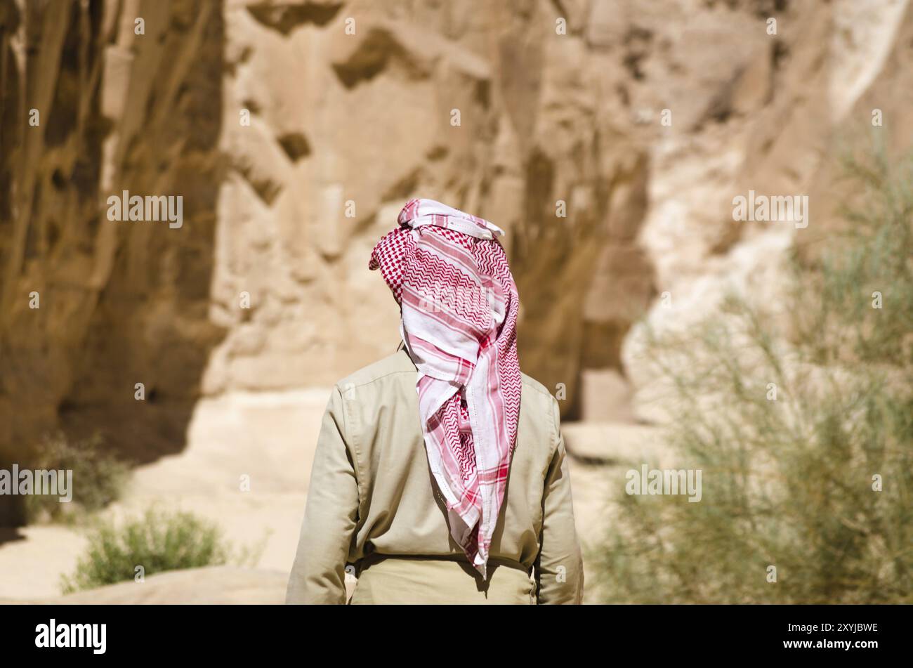 Beduino in bianco va nel canyon nel deserto tra le rocce Foto Stock