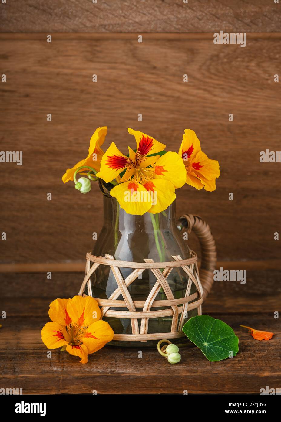 Bouquet di nasturtium in una vecchia tazza di vetro su fondo rustico in legno. Fiori commestibili, foglie come ingrediente alimentare o erboristeria. Copia spazio. Foto Stock