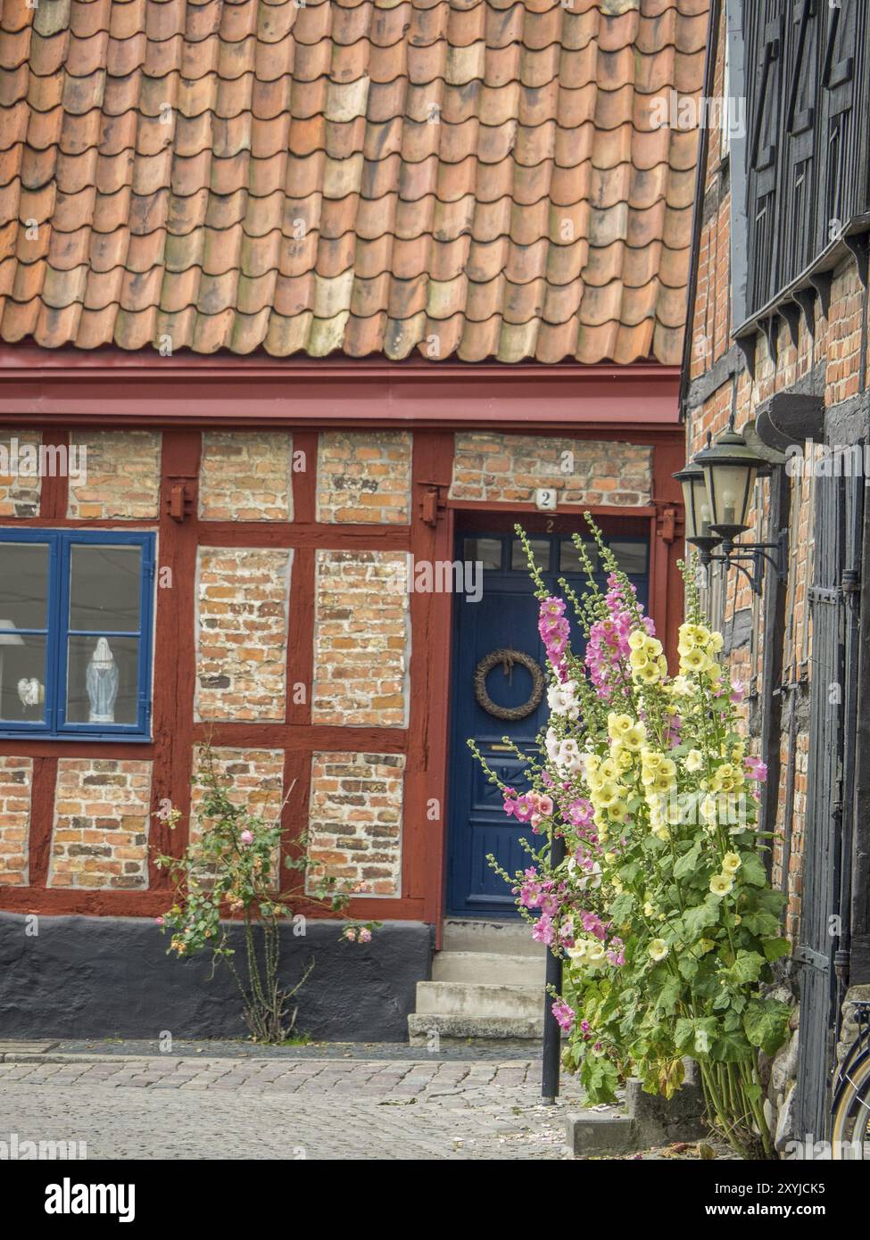 Casa tradizionale con ingresso blu e numerosi fiori, circondata da mattoni e graticci, svaneke, bornholm, Mar baltico, danimarca, scandina Foto Stock