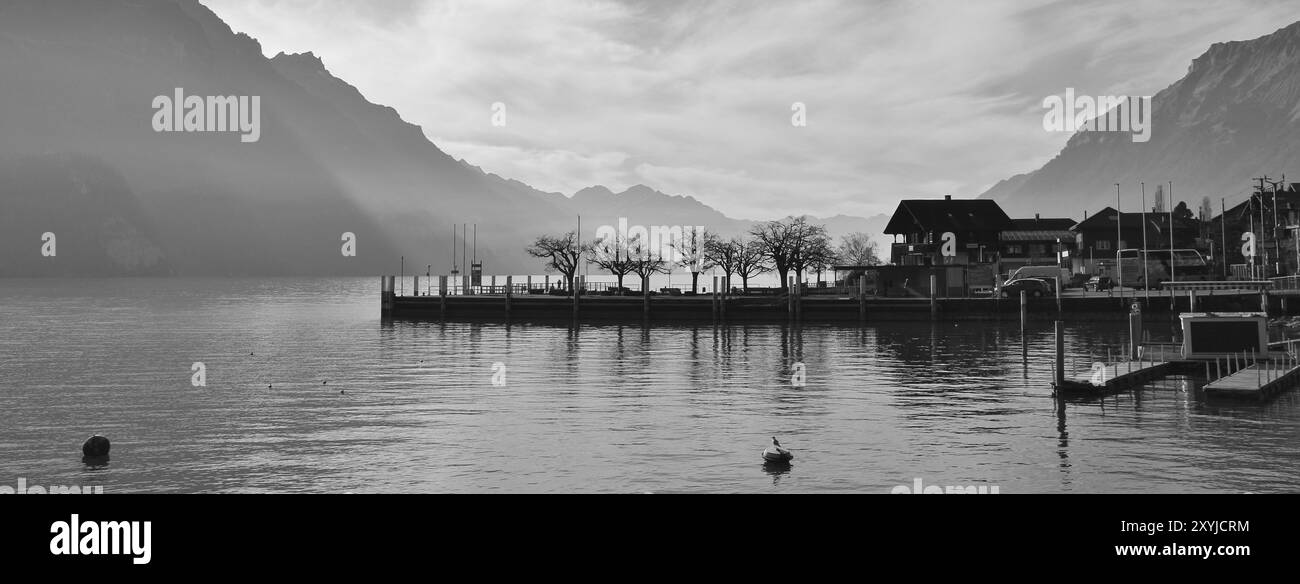 Casa e alberi a Brienz, Svizzera. Lago Brienzersee e montagne Foto Stock