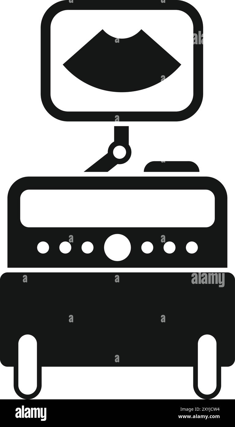 Icona vettoriale in bianco e nero di una macchina a ultrasuoni medica che visualizza la scansione di un bambino Illustrazione Vettoriale