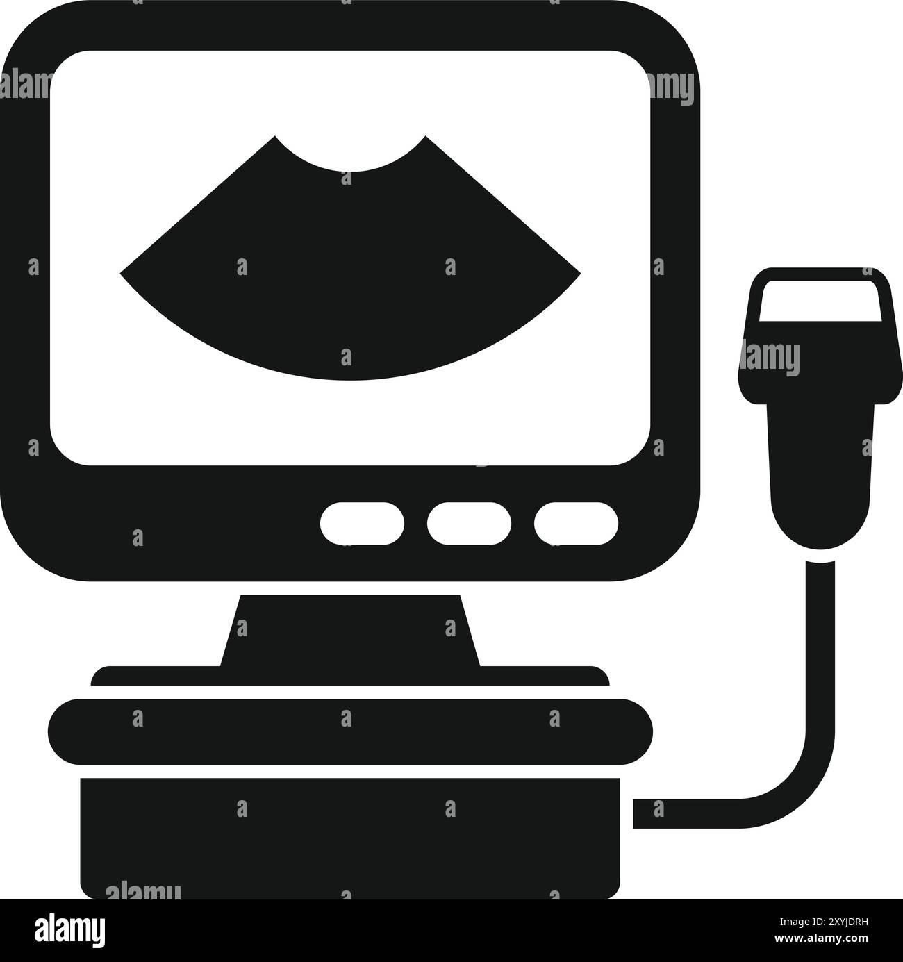 Icona in bianco e nero di una macchina ecografica che visualizza un feto, ideale per rappresentare l'assistenza prenatale e la diagnostica Illustrazione Vettoriale