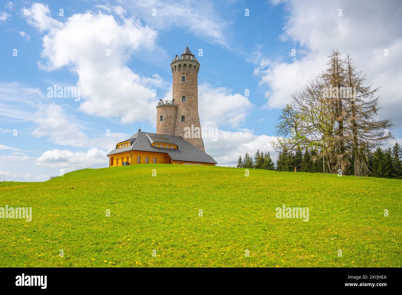 Una vista panoramica della Torre di osservazione di Dalimil in Cechia, con una torre in pietra e un edificio in legno annidato su una collina erbosa. Il cielo è blu con soffici nuvole bianche. Foto Stock