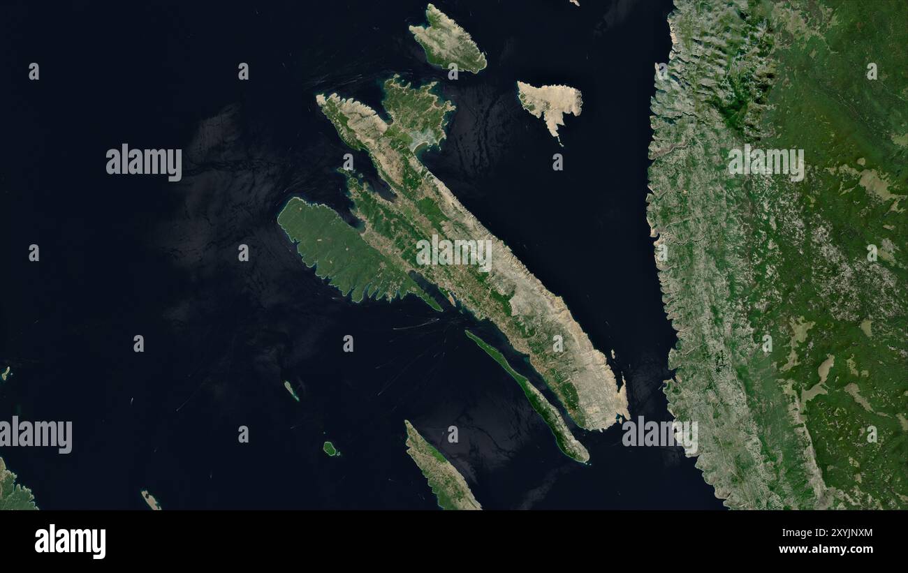 Isola di Arbe nel Mare Adriatico su un'immagine satellitare scattata il 9 luglio 2023 Foto Stock