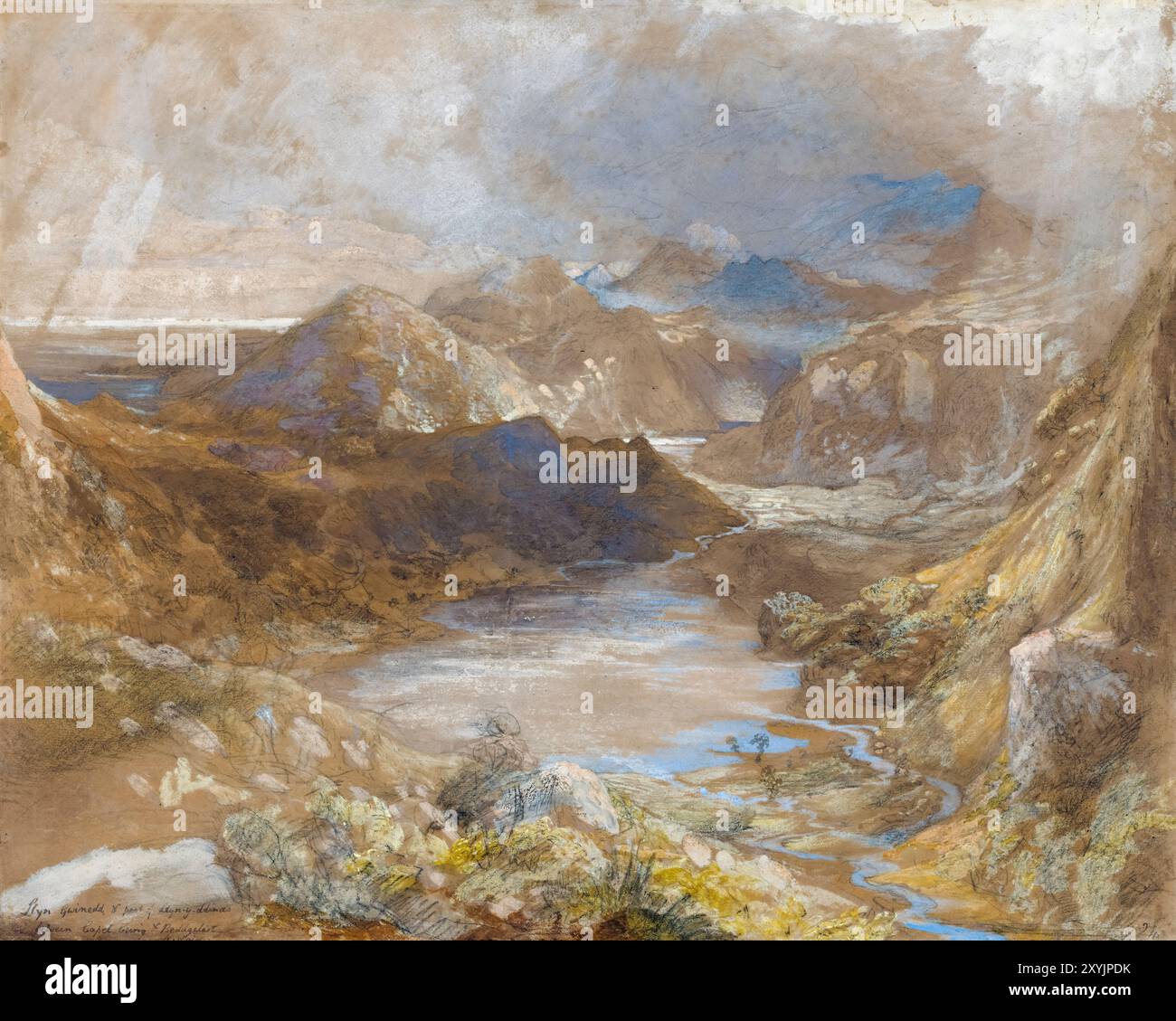 Llwyn Gwynedd e parte di Llyn-y-ddina, tra Capel Curig e Beddegelert, Galles del Nord, pittura di paesaggio di Samuel Palmer, 1835 Foto Stock