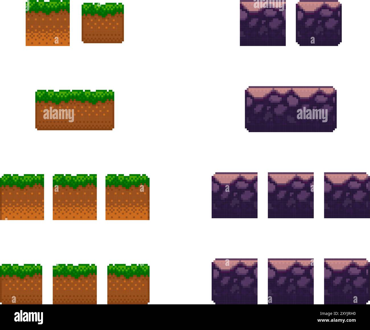 Raccolta di texture pixel ground senza cuciture per piattaforme di gioco. Illustrazione vettoriale della superficie di erba e roccia Illustrazione Vettoriale