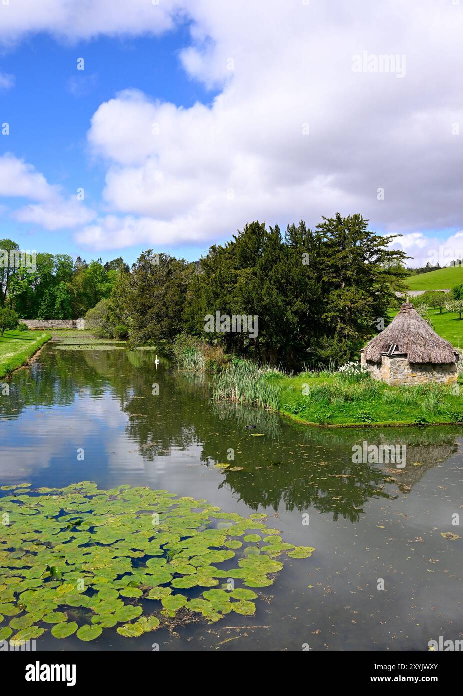 Vista del lago, del cigno che nuota e della Casa dell'anatra sul tetto in paglia nel Giardino di Hercules, che è il Giardino murato di 9 acri al Castello di Blair Atholl Foto Stock