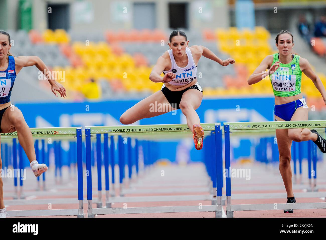 Lima, Perù. 29 agosto 2024. Noor Koekelkoren belga nella foto in azione alla gara di 100 m ostacoli femminile, ai Campionati del mondo di atletica leggera U20, giovedì 29 agosto 2024, a Lima, Perù. I campionati mondiali si svolgono dal 27 al 31 agosto. BELGA FOTO SONYA MALETER credito: Belga News Agency/Alamy Live News Foto Stock