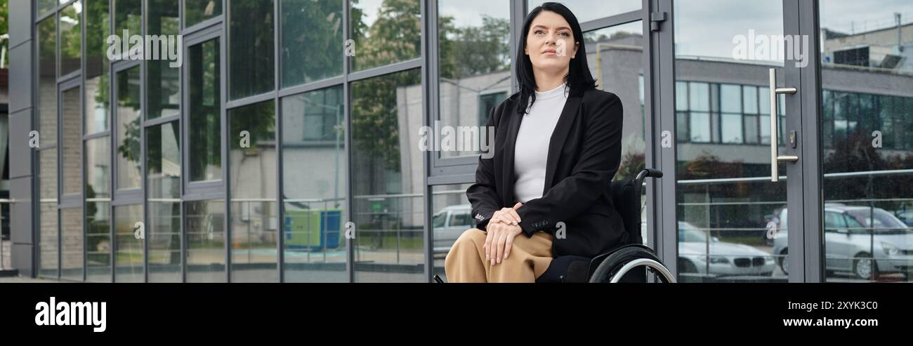 Una donna in sedia a rotelle siede all'esterno di un edificio moderno. Foto Stock