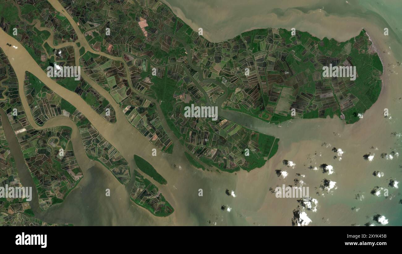 Pulau Kanyuran nello stretto di Makassar su un'immagine satellitare scattata il 27 febbraio 2019 Foto Stock
