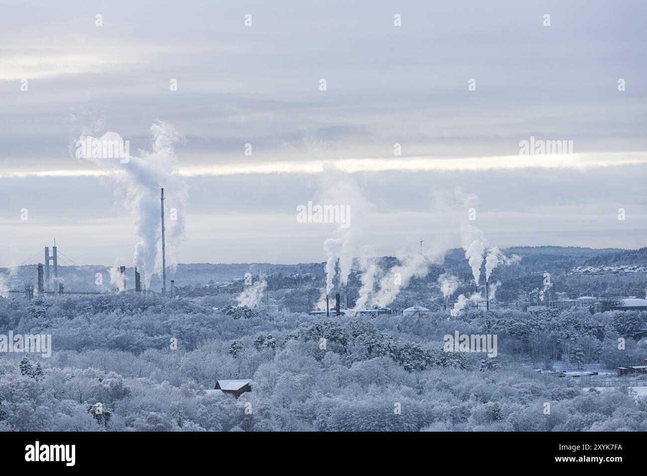 Vapore che sale da edifici industriali al di là delle foreste congelate Foto Stock